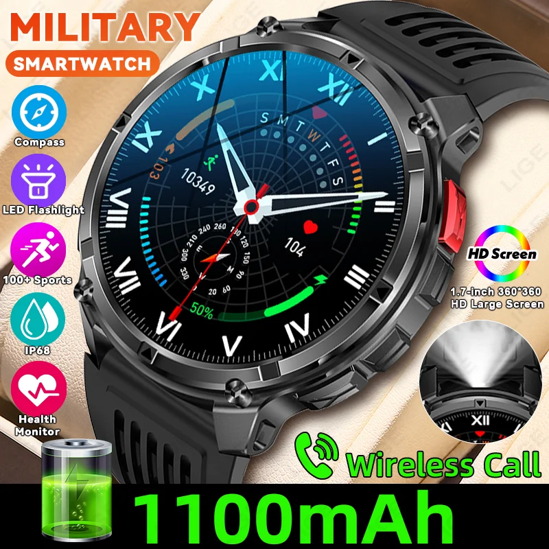 

LIGE Military Smart Watch 1100mAh Super Capacity Battery Outdoor Compass LED Flashlight Men Heart Rate Sports Watches Voice Call