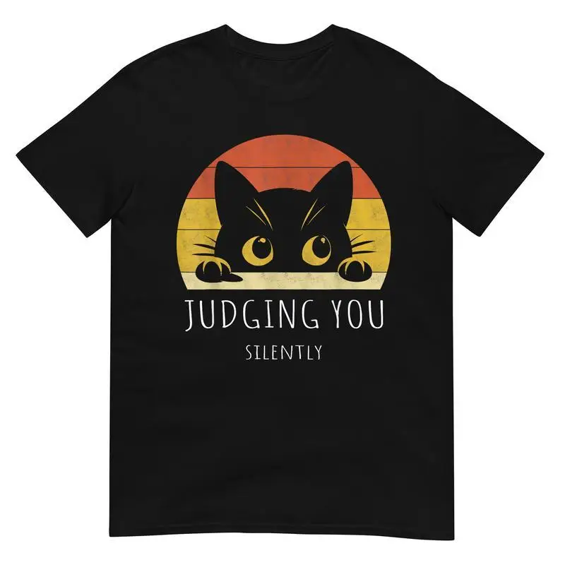 

Funny Black Cat T-Shirt, "Judging You Silently" Humorous Cat Lover Gift, Vintage Graphic Tee for Men & Women, Sarcastic Tee