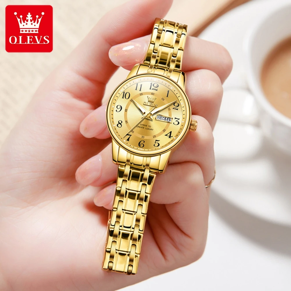 

OLEVS Brand Fashion Quartz Watch for Women Stainless Steel Waterproof Luminous Week Date Luxury Women Dress Watches Montre Femme