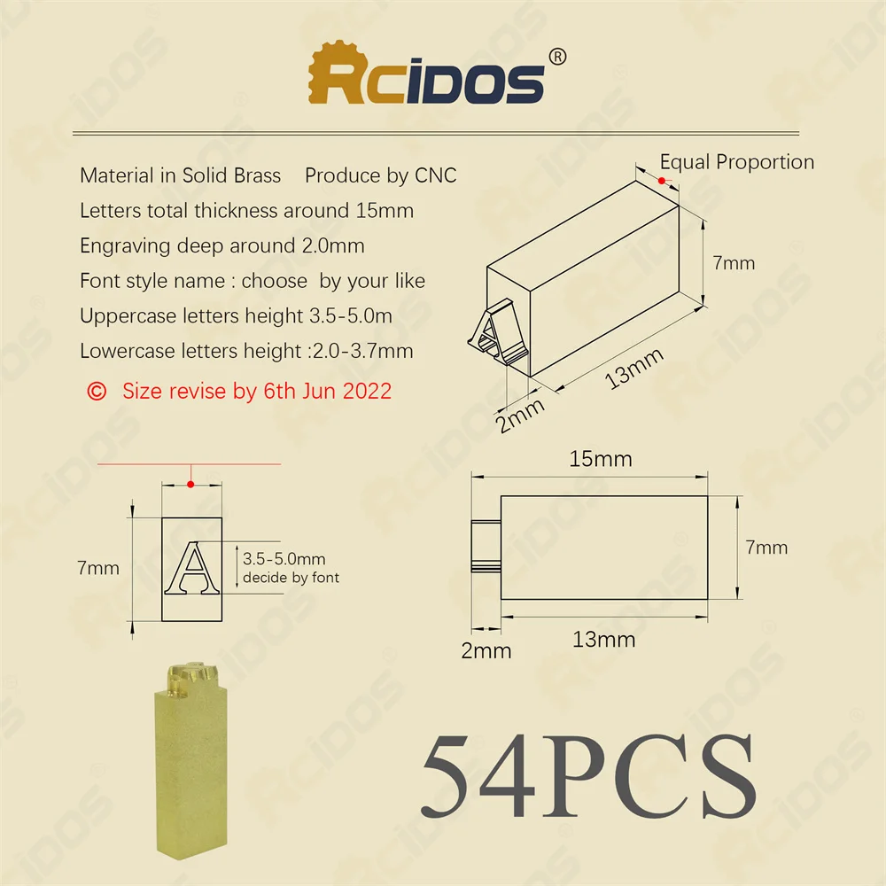 54PCS/SET Time New Roman RCIDOS Foil Stamping  BrassLetters,fit to movego stamp machine,Thickness 15mm,Engraving deep 2mm