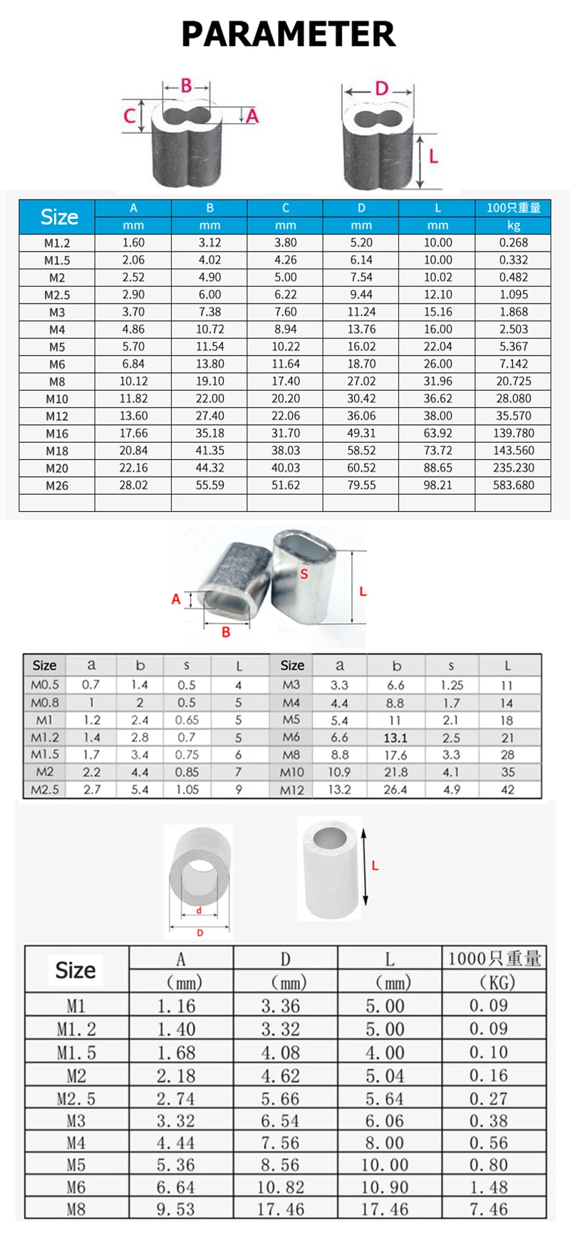 1-100pcs M0.5-M22 Aluminum Crimping Loop Sleeve Wire Rope Ferrule Double Hole/Round/Ellipse Clamp Diameter 1 2 3 4 5 6 8 10 20mm