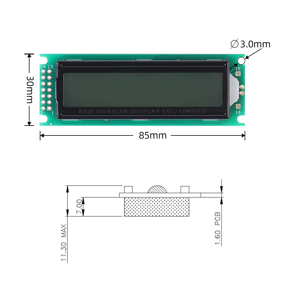 ยุโรปสีเขียวตัวอักษรสีดํา 1602H หน้าจอ LCD 02*16 Controller ST7066U 14PIN คู่แถวอินเทอร์เฟซการประกันคุณภาพ