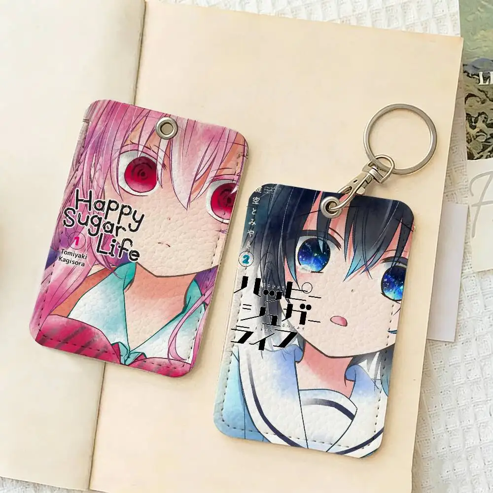 Happy Sugar Life Rectangle ID Card Case Keychain Access Card Bag Key Tag Ring Leather Card Holder Key Ring Access