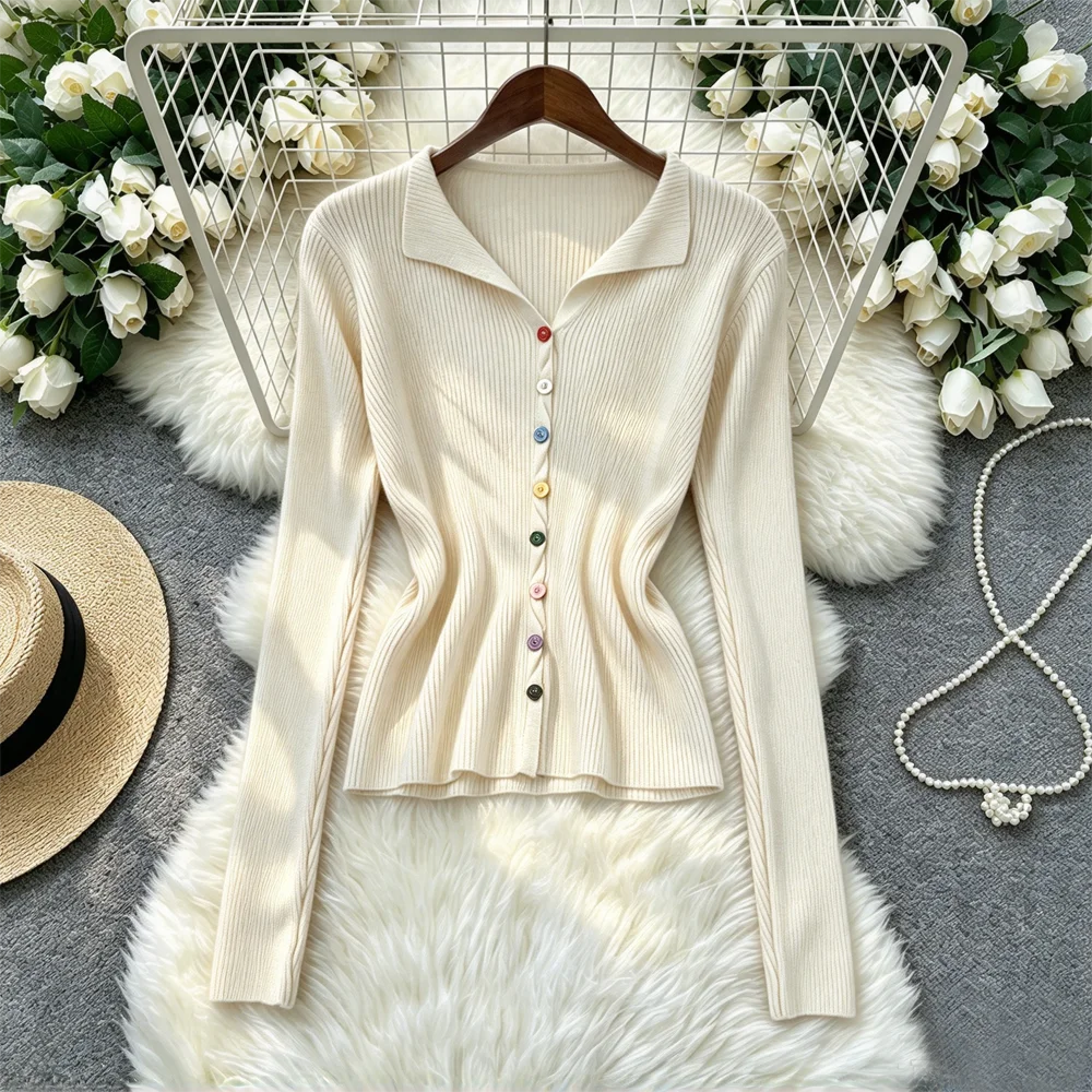 YuooMuoo Korean Fashion Candy Buttons Cardigans Tops 2026 Spring Autumn White and Black Stripes Knitted Tops Chic Ladies Shirts