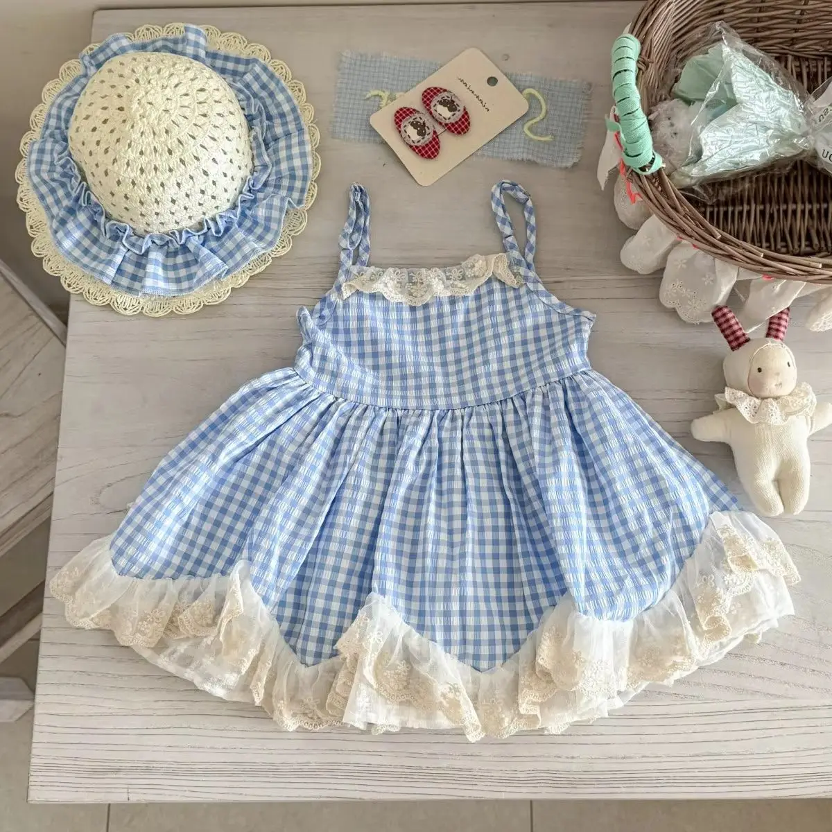 

Baby Girls' Dress Summer New Children's Checkered Strap Skirt Lace Dress 0-6Y
