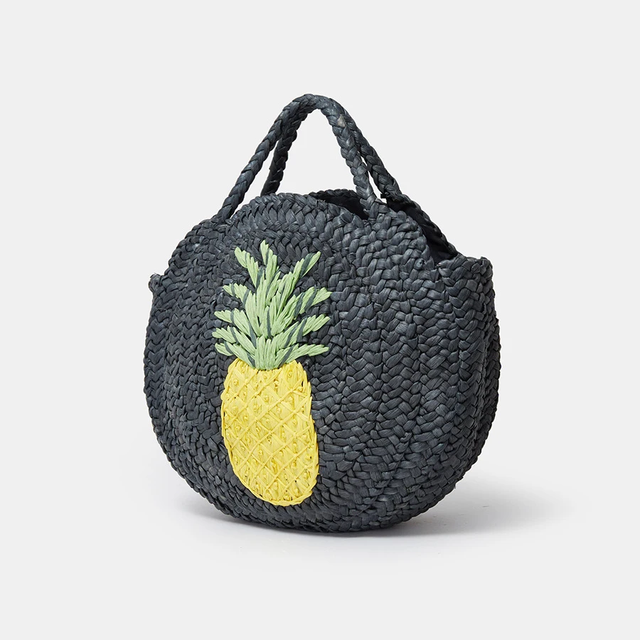 Fashion pineapple Pattern Straw Women Handbags Round Corn Husk Woven Hand Bags Handmade Summer Beach Bag Large Tote Purses 2023