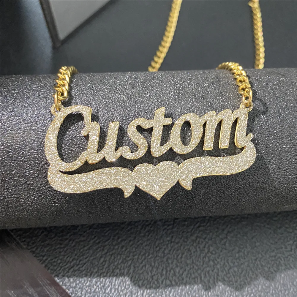 Custom Bling Name Necklace for Women Personalized Glitter Nameplate Necklace Stainless Steel Cuban Chain Necklace Jewelry Gifts