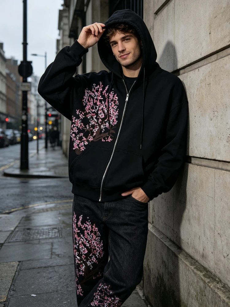 Oversized Zip Hoodie Unisex Heavy Cherry Blossom Embroidery Black Y2K Harajuku Streetwear Casual Full Zip Sweatshirt