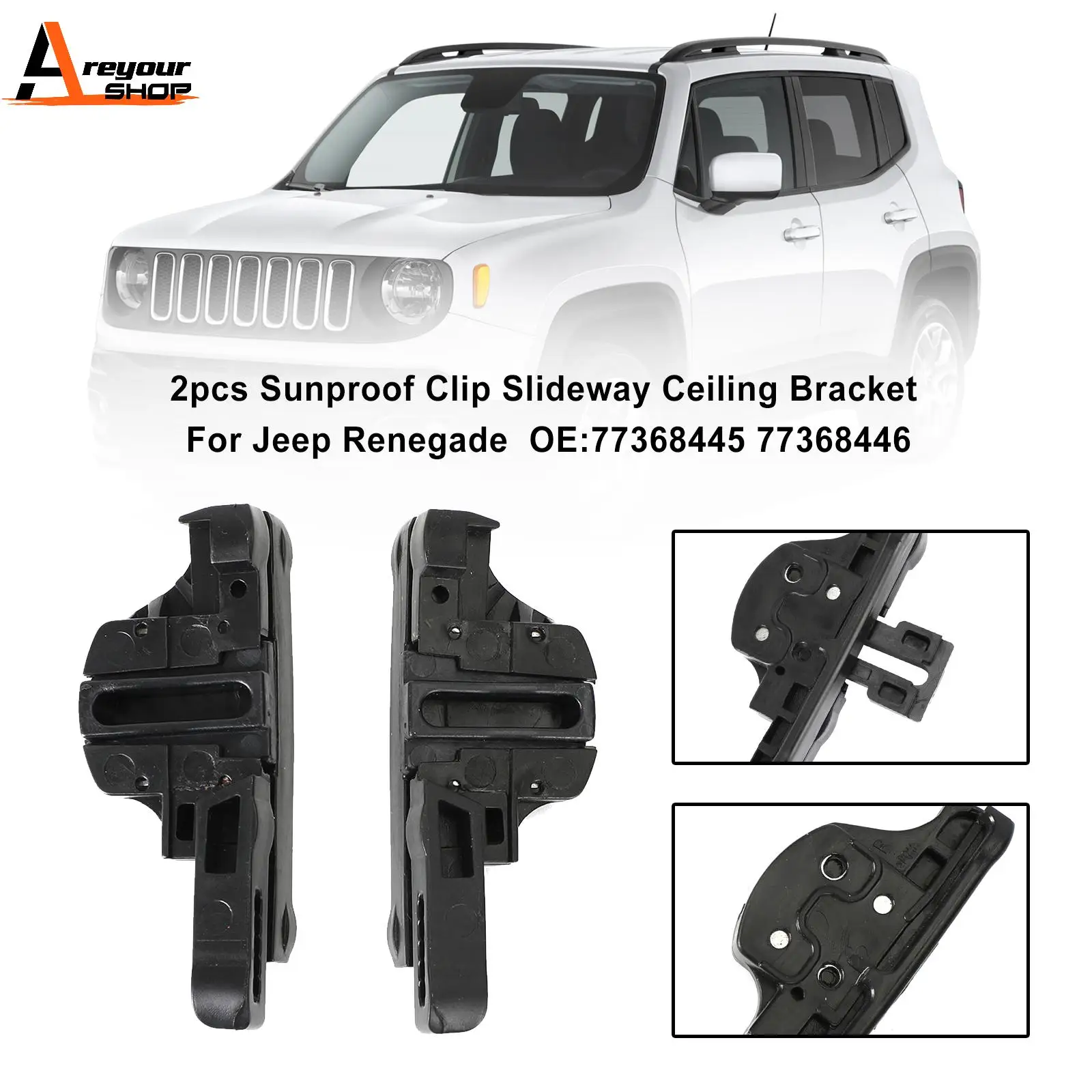 Areyourshop 2pcs Sunproof Clip Slideway Ceiling Bracket For Jeep Renegade 77368445 77368446