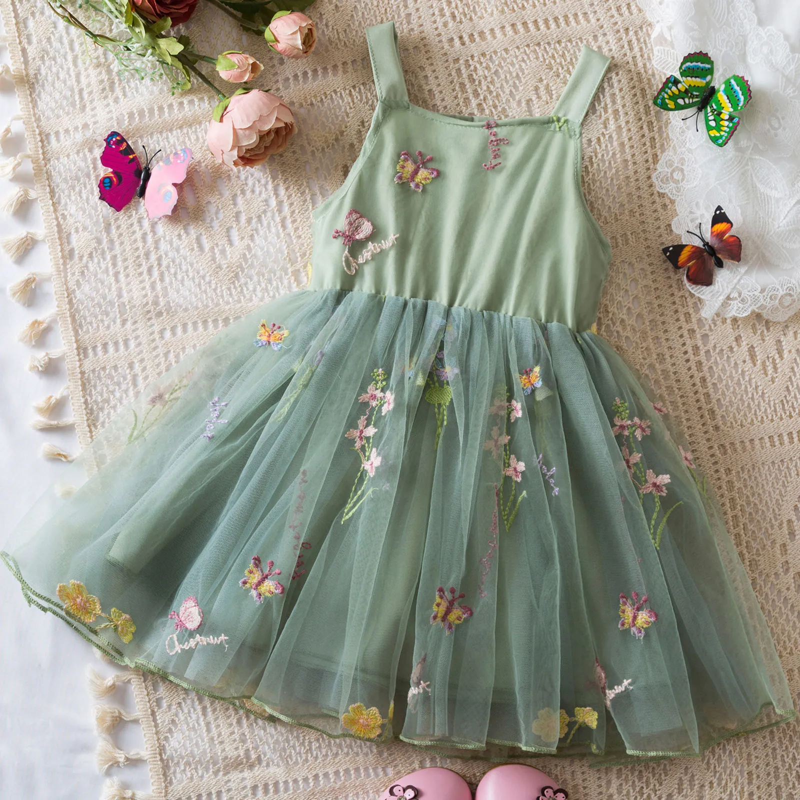 1-5Y Toddler Girls Mesh Patchwork Suspenders Dress Fuffy Tulle Tutu Princess Dress Summer Baby Girls Embroidery Flower Dresses