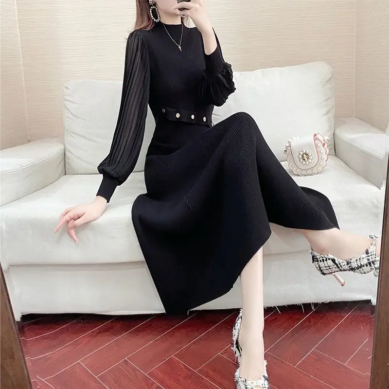 

Women's 2024 Autumn Winter New Patchwork Pullovers O-Neck Button Fashion Solid Color Loose Versatile Long Sleeved Knitted Dress