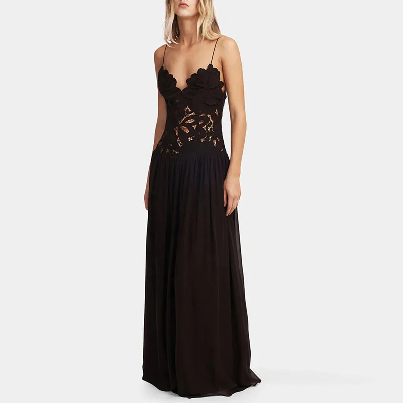 Casual Solid Lace Embroidery Woman Dress Sexy Sling Backless Crochet Long Dress Summer Sleeveless Jacquard Hollow Out Boho Dress