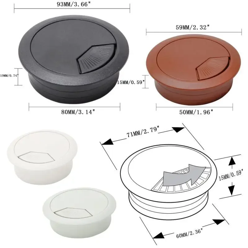 50/60/80MM Desk Cord Grommet Wire Hole Cover Line Outlet Port Threading Box Cover Cable Passing Box Office Table Cable Organizer