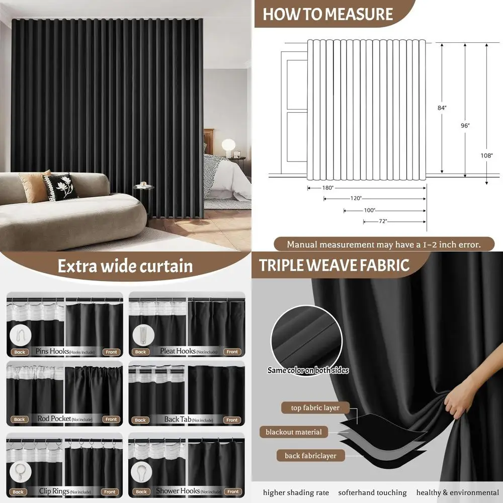 

15ft Wide Blackout Curtains with Hooks, Thermal Insulated Drapes for Rooms, Large Windows (1 Panel, 180 W x 84 H)