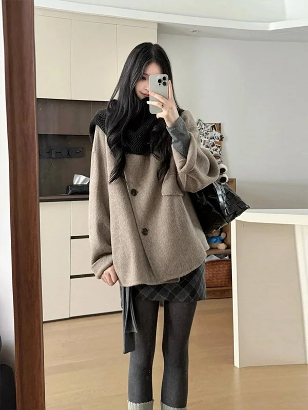 

Double-Faced Camere ort Coat Women's Large Collar Brown Winter Slimming High-End Feeling Woolen Outerwear Korean Sle