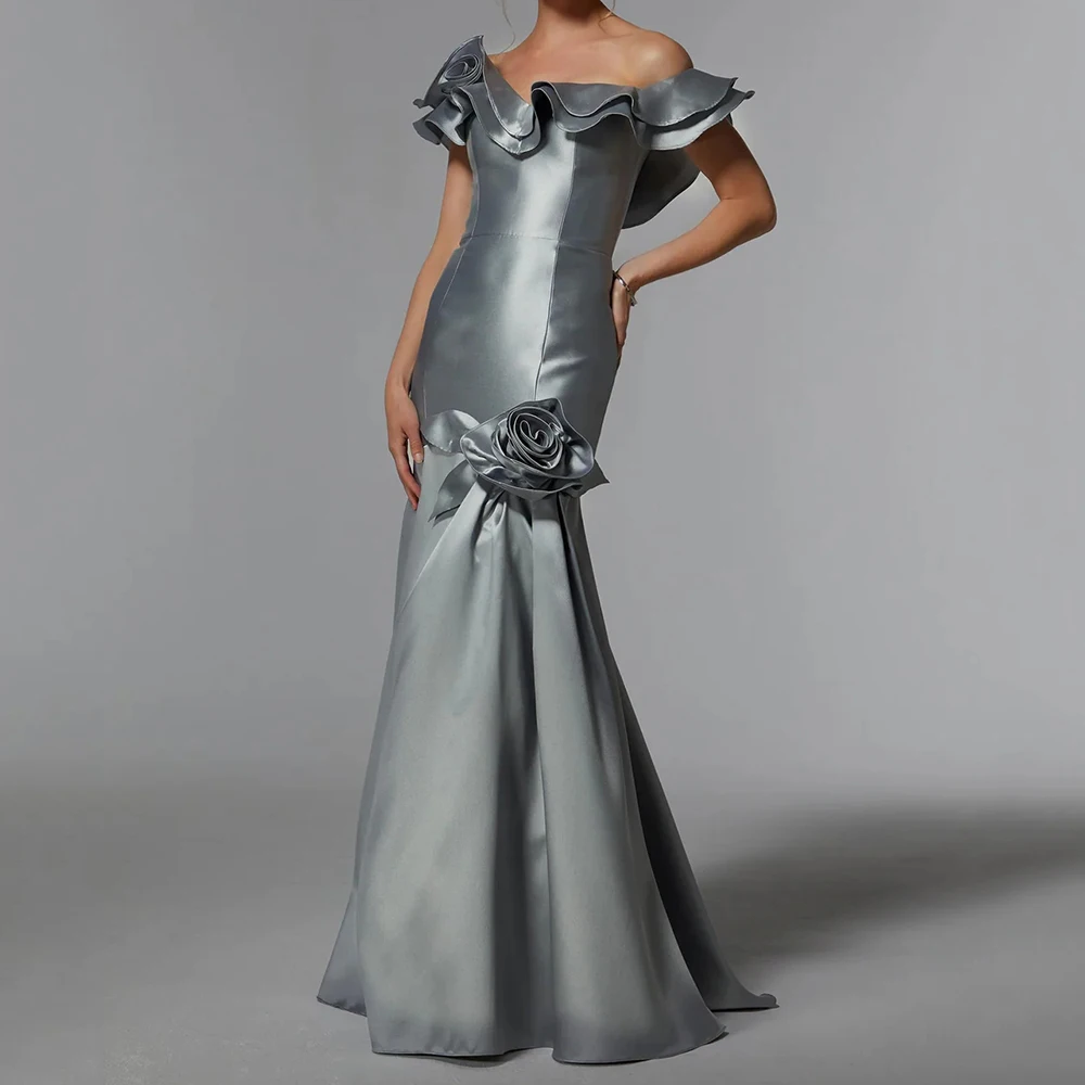 

Women's Mermaid Evening Dresses Floor-length Off The Shoulder Sleeveless Prom Gown Fashion Flowers Ruched Draped Customized Gown