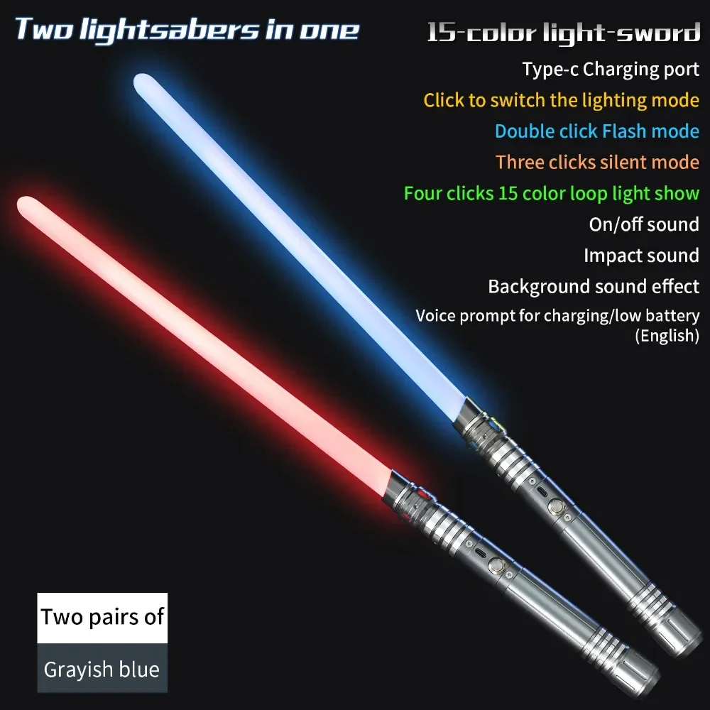 

11BS-15-Color LED Light Saber Aluminum Alloy Single Click Color Switch Double Click Strobe Triple Quiet Quad Color Cycle Show