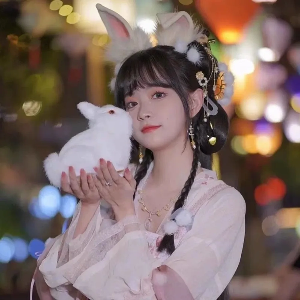 مقاطع شعر أذن أرنب السنة القمرية الجديدة |   حلي شعر كلاسيكية مستوحاة من Hanfu للأطفال، آذان فروي