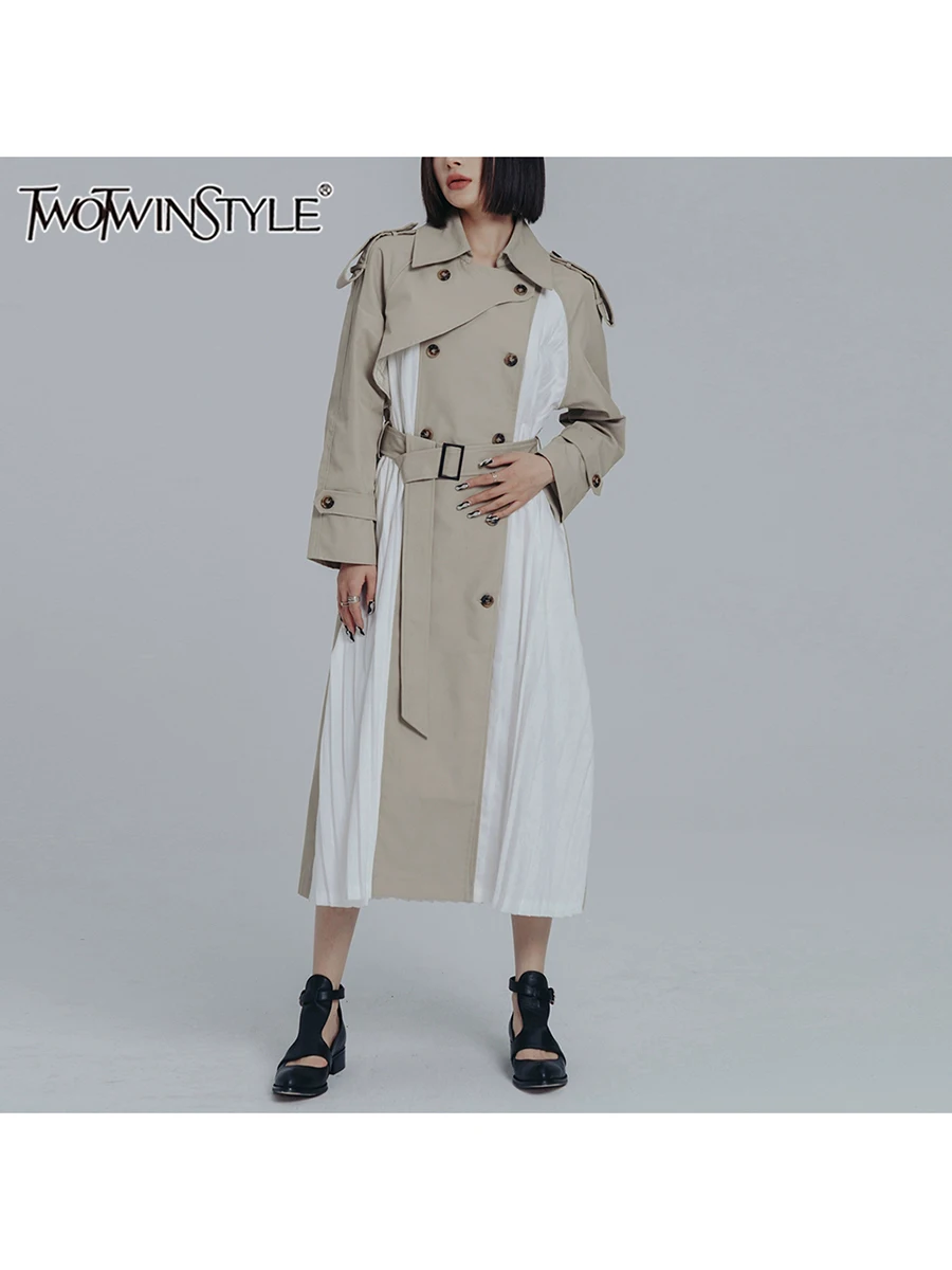 

TWOTWINSTYLE хитовый цвет асимметричный Тренч для женщин с лацканами и длинными рукавами в стиле пэчворк двубортное темпераментное длинное пальто женское