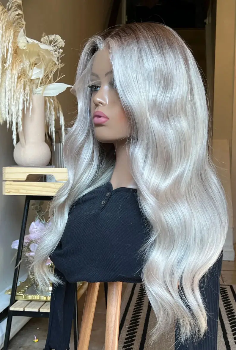 Wig Tanpa Lem Ombre Ash Platinum Blonde Highlights Untuk Wanita, Futura Brunette Fibre Deep Wave Bouncy Original Factory Wig Murah