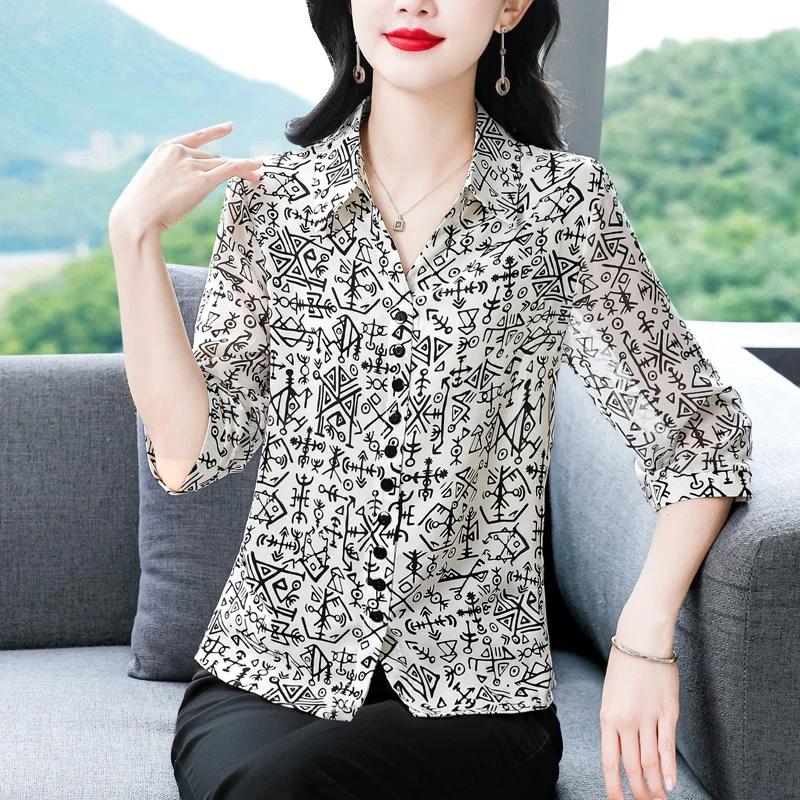 

Vintage Women's Blouses Printed Vintage Shirts Fashion Loose Summer Clothing Short Sleeved Chiffon Women Tops