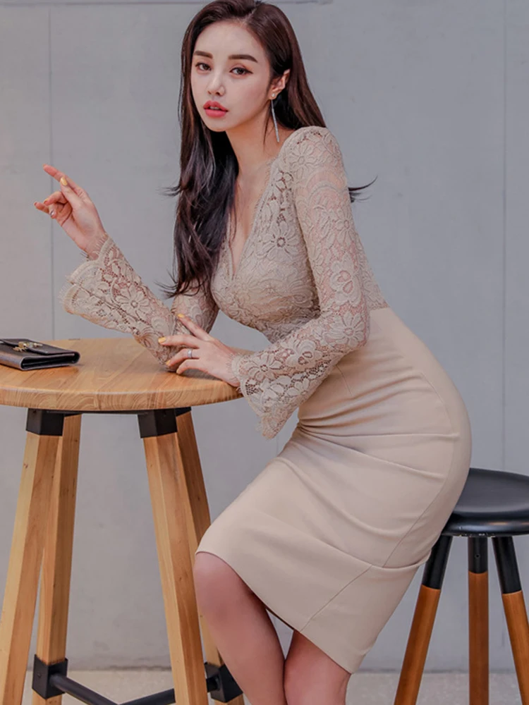 Korean Fashion Ladies Work Style Pencil Dresses Women Clothing Elegant Office Commute Lace Sexy V-Neck Slim Dress Mujer Vestidos