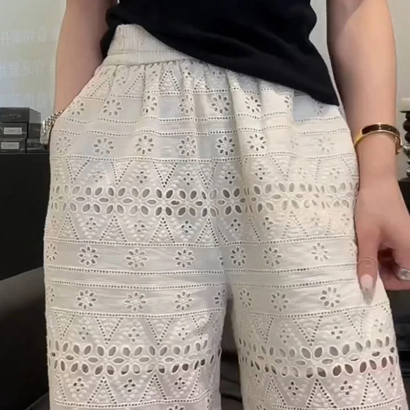 Womens Croche Elastic High Waist Wide Leg Pants Vintage Bloomers Summer Hollow Out Knit Flower Lace Bohemian Beach Long Trousers
