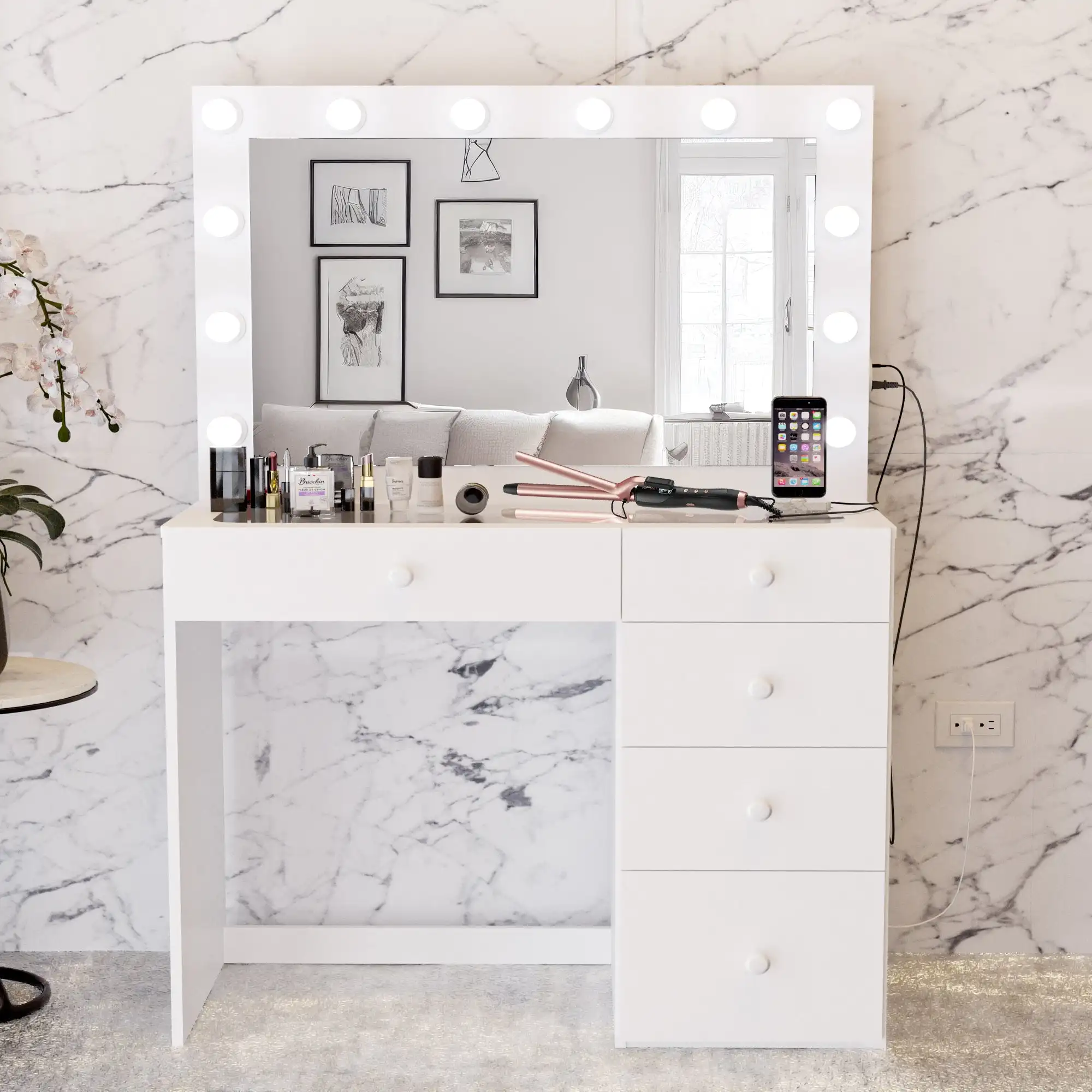 Alana Vanity Desk with Mirror and Lights, Basic Knobs, 5 Drawers, White Elegant fashion dresser Makeup and knickknacks