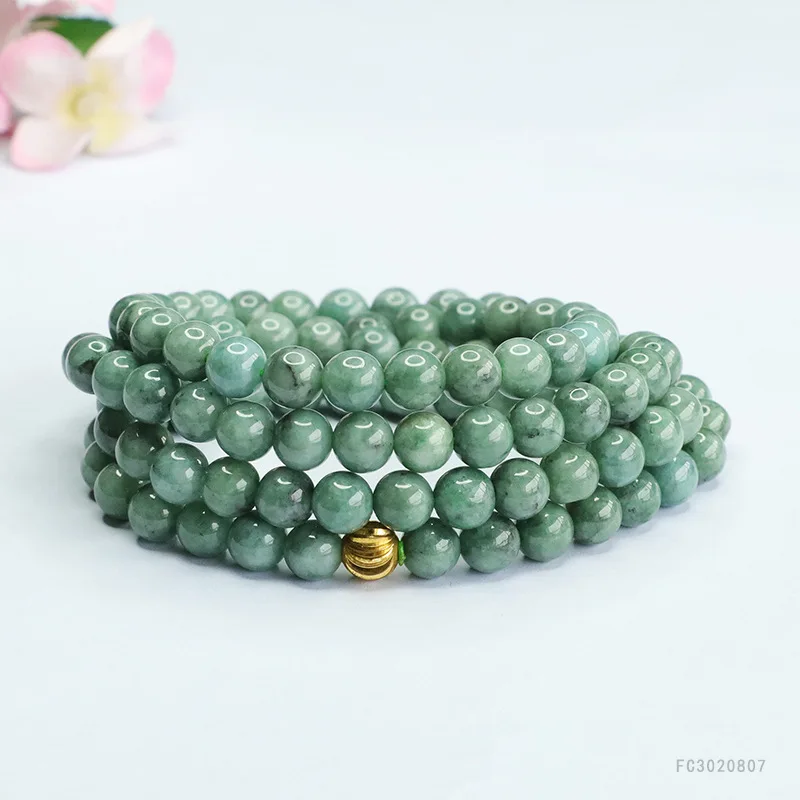 

Natural Full-Green Jade Round Bead Necklace, Vintage Sweater Chain for Women, Lucky Gemstone Jewelry