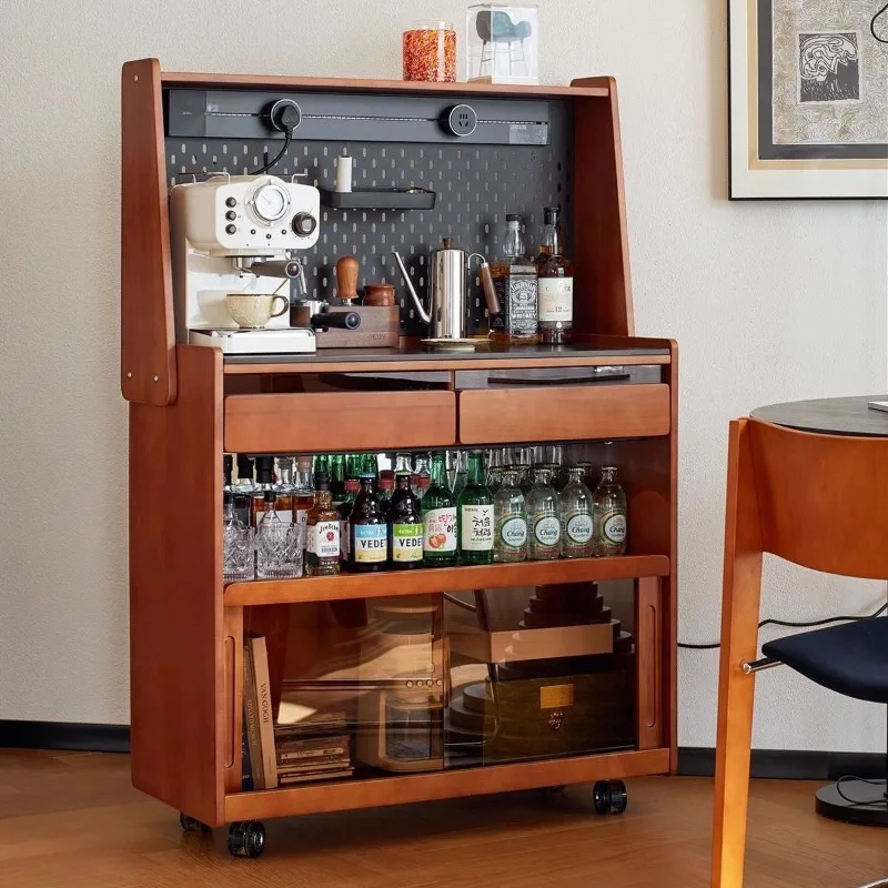 Simple medieval solid wood movable dining side cabinet with wheels sofa side cabinet integrated locker wine cabinet coffee tea c