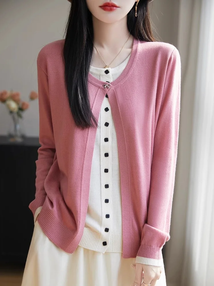 Korean Sle round Ne Knitted Open Cardigan Women's Loose Slimming Top Fake Two-Piece Long Sve Regular Length Buttoned