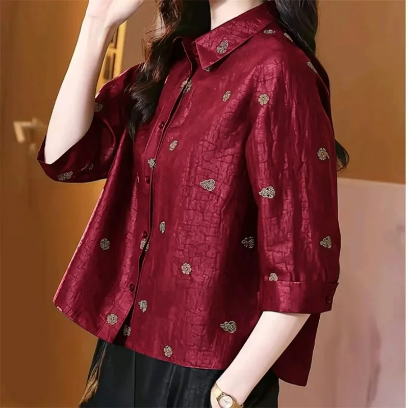 

Korean Lady Fashion Embroidery T-shirt Autumn Women Seven Quarter Sleeved Cracked Top Female Large Size 4XL Mulberry Silk Blouse