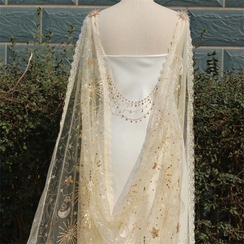 

Gold Sequins Sparkly Bridal Wedding Cape Shoulder Veils Accessories Cathedral Long Stars Moon Lace Trim Champagne Tulle Starry