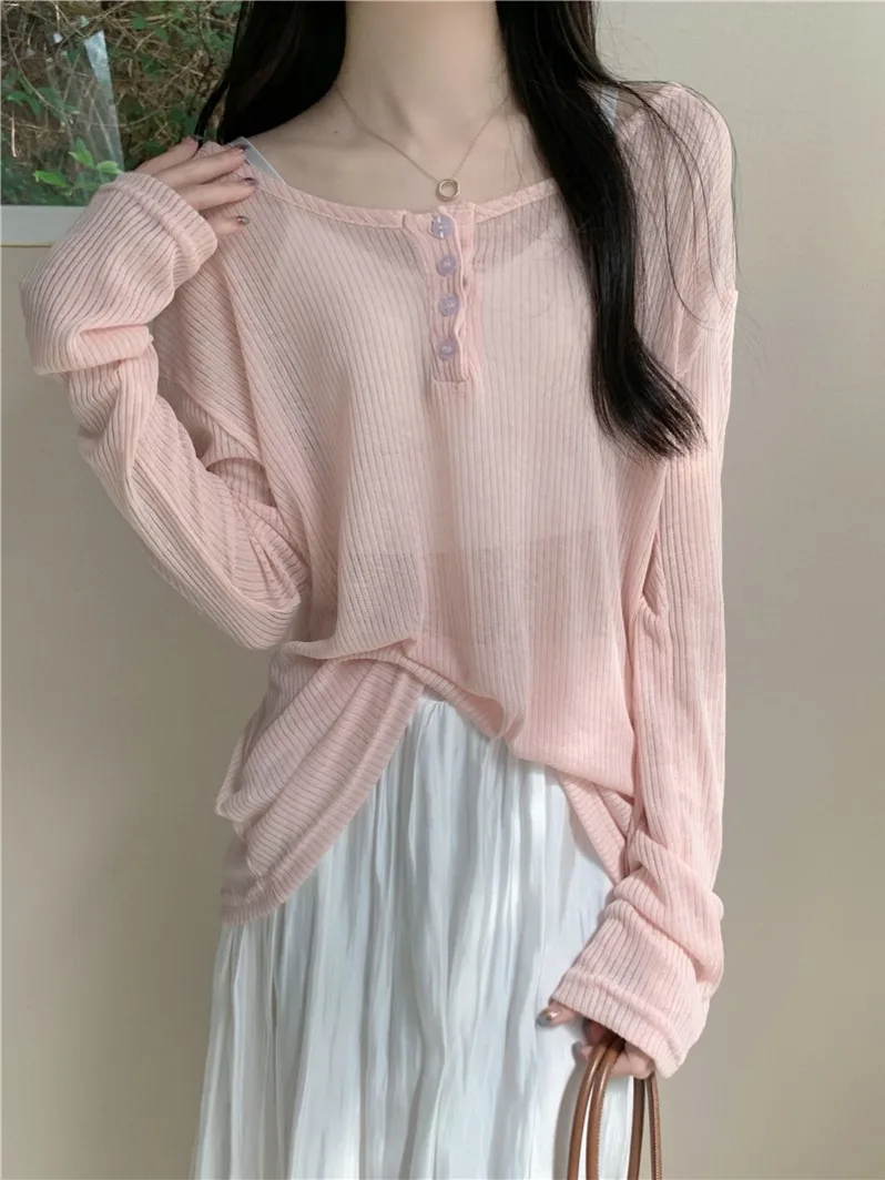 핑크 발롱스 베 아이스 실크 니트 여성 여름 얇은 아우터웨어 자외선 차단 에어컨 커버업 세미트렌디