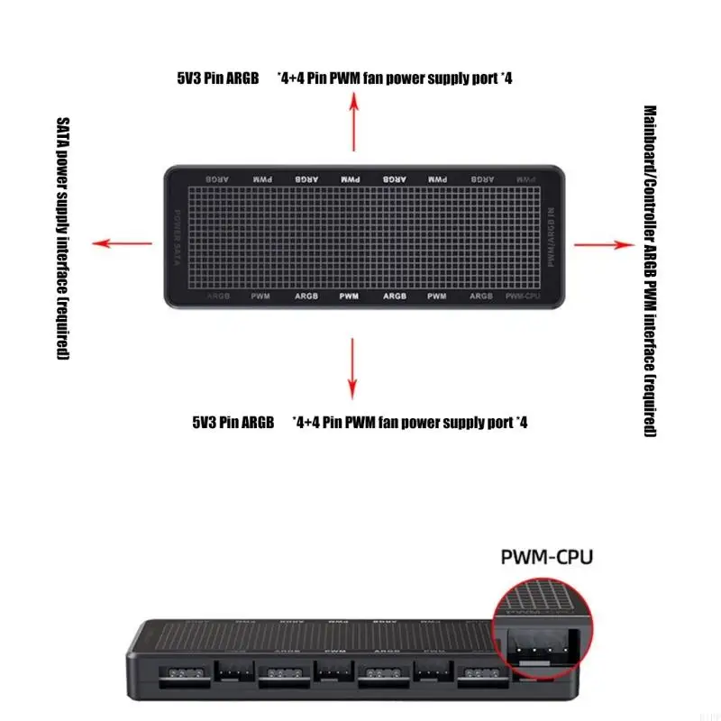 E1PF LP8P 8 포트 3PIN/4PIN 허브 ARGB+PC 조명 및 냉각을위한 PWM 연결