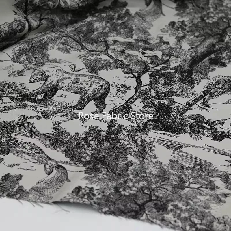 1 meter Black White Animal Forest Fabrics DIY Sewing Jacket Pants Dress Bags Sketch High End Fabric Tissus Sold By Half Meter