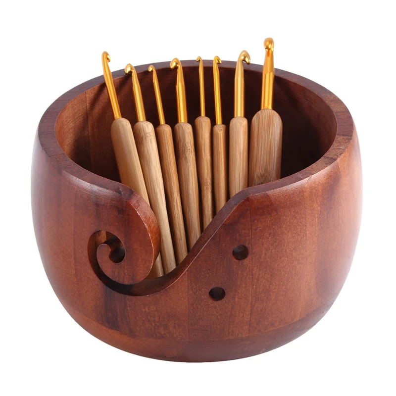 Wooden Yarn Bowl Holder, Craft Knitting Bowl With 8Pcs Crochet Hooks,Yarn Holder Dispenser Yarn Storage Bowls Easy To Use