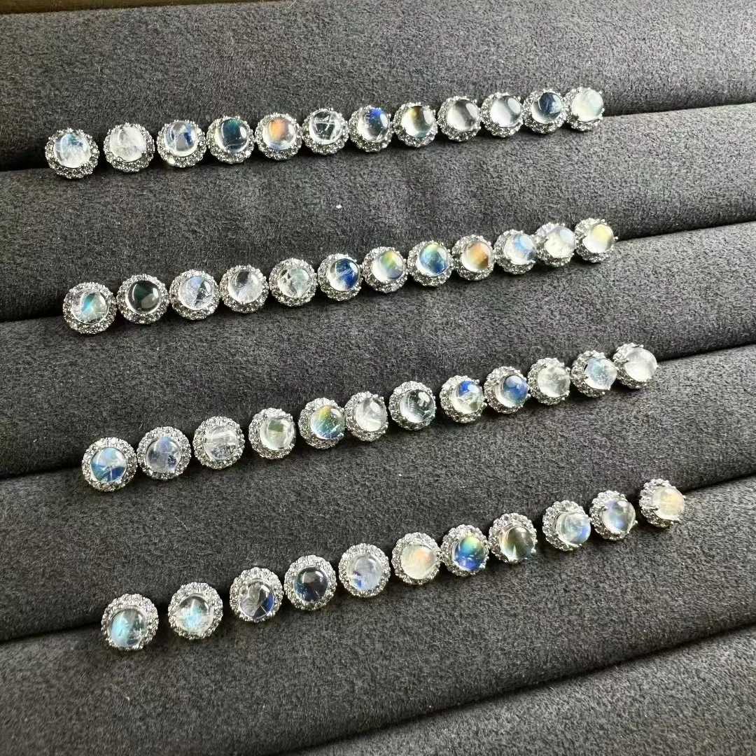 1 Pair Fengbaowu Natural Stone Madagascar Rainbow Blue Moonstone Earring Round Cabochon 925 Sterling Silver Jewelry Gift Women