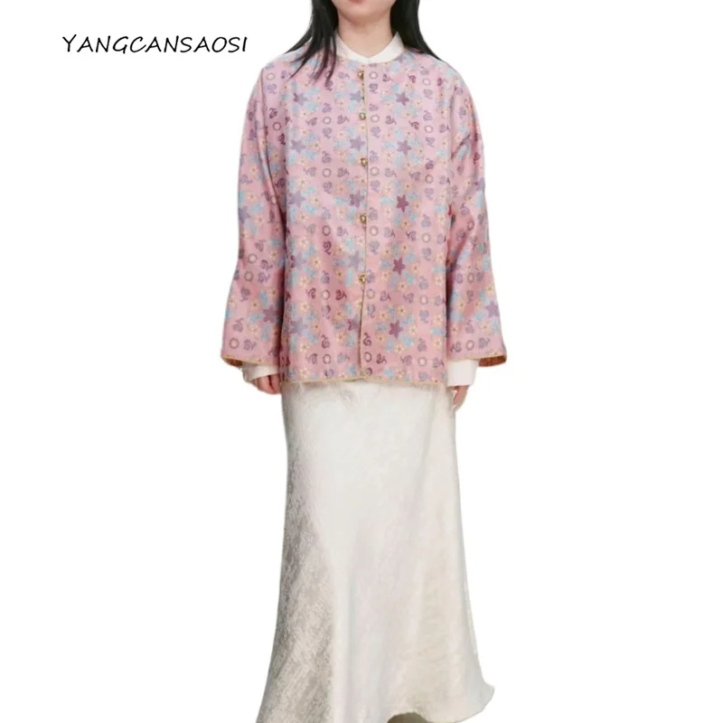 

2025 Women's Fashion New 80% Natural Mulberry Silk Shu Brocade New Chinese Style Wife Round Neck Long Sleeve Combo Coat Top