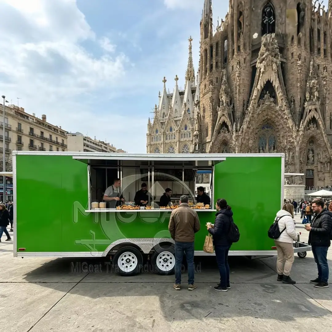 

Gloss Green Food Trailer with Full Cooking Set Custom Logo Mobile Food Truck for Farmers Market Fair & Outdoor Catering Rental