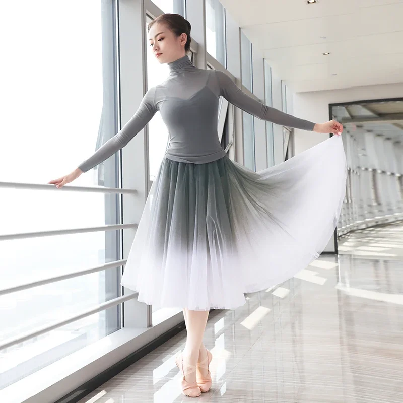 Women Ballet Tops Skirts Adults Dance Suits Soft Gradient Gray Dress Turtleneck Long-Sleeve Yoga Classical Gauze Mesh Dancewear