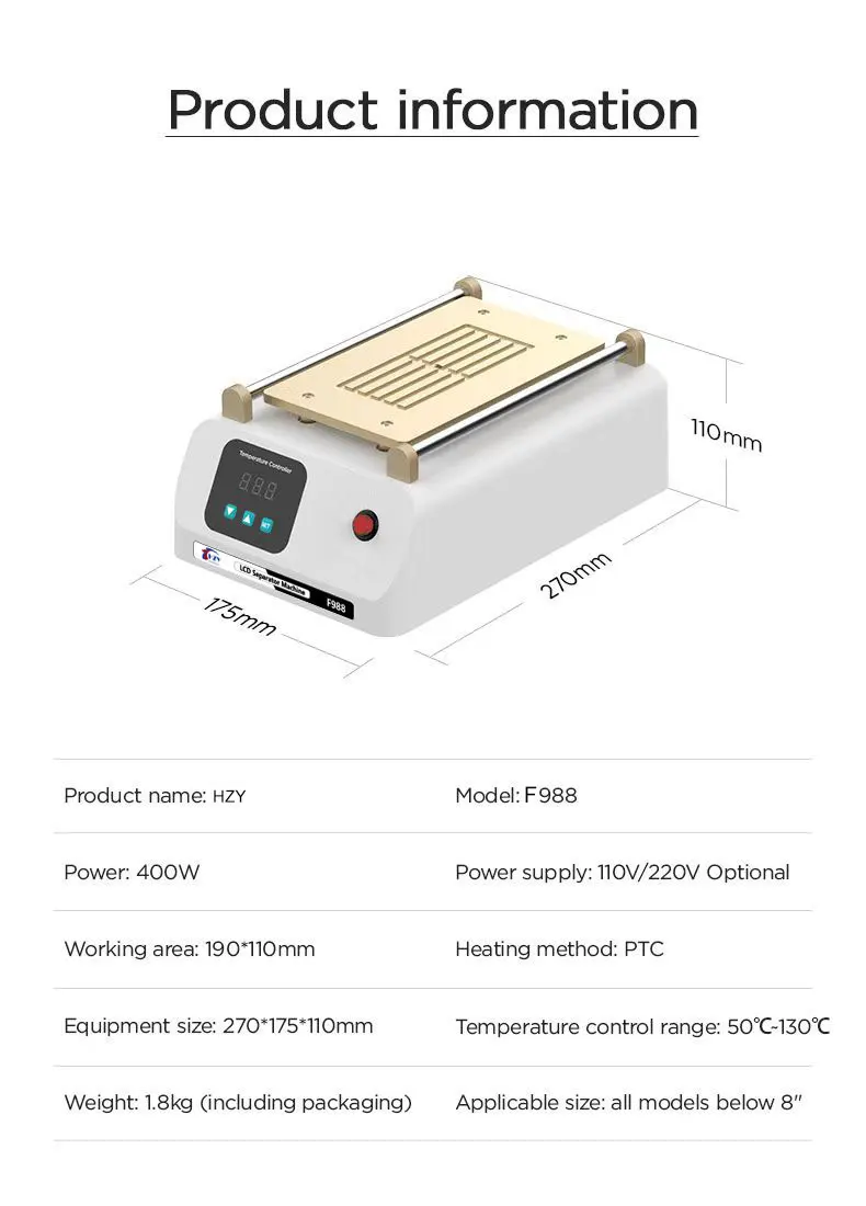 HZY F988 Kit macchina separatore schermo LCD vuoto incorporato per iPhone Samsung HTC HUAWEI strumento di riparazione vetro anteriore del telefono