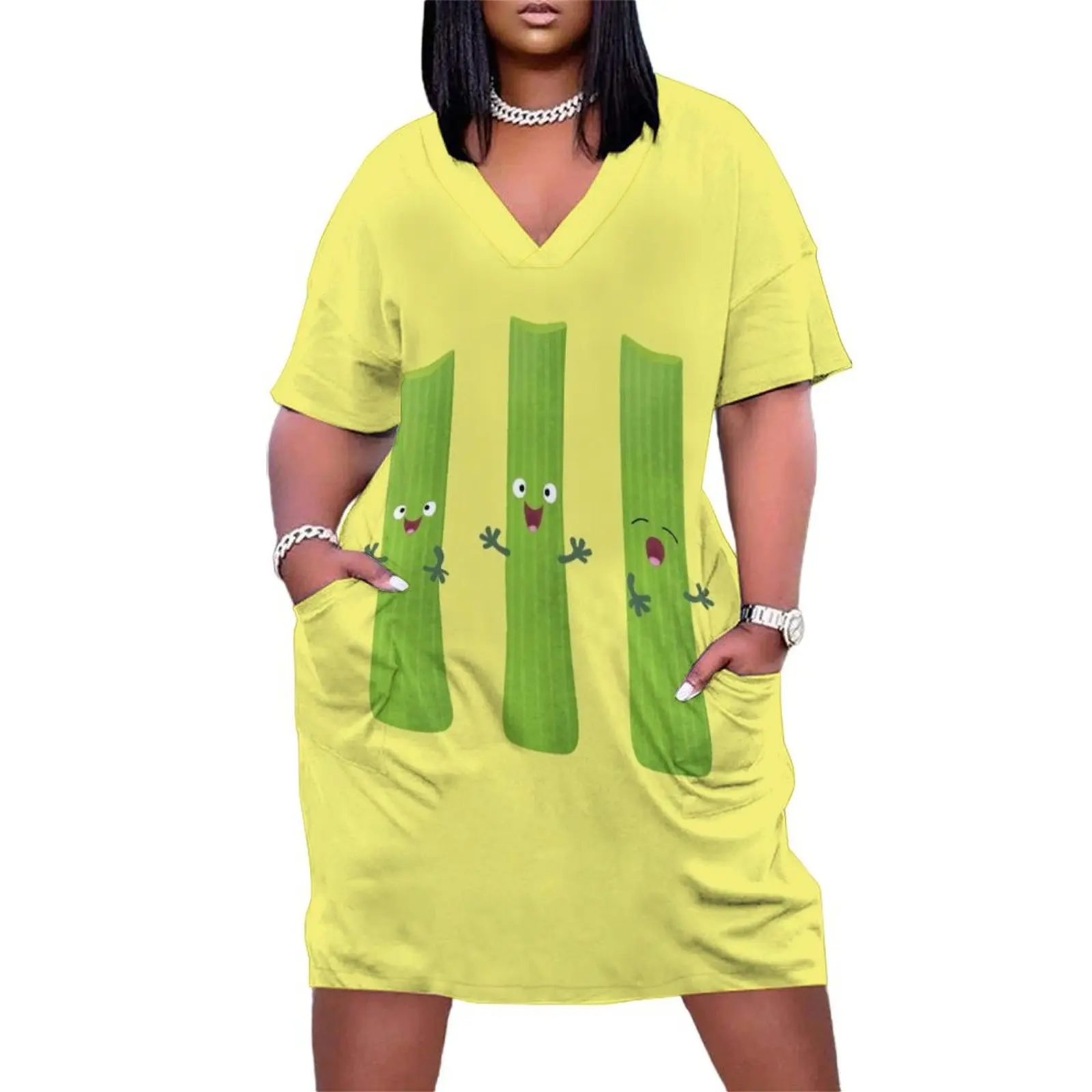 

Cute celery sticks trio cartoon vegetables Loose Pocket Dress summer dress korean women womans clothing