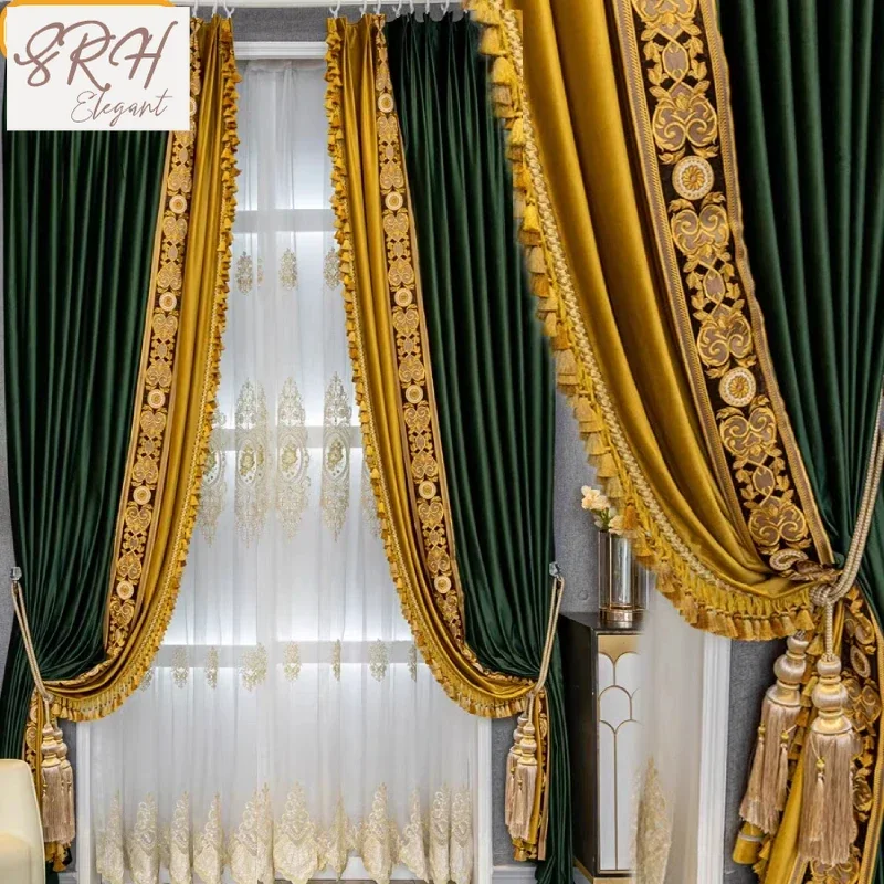 

Main Gold Silk Embroidery Lace Splicing Dark Green Velvet Curtains For Living Room Bedroom Villa French Window Window Screen