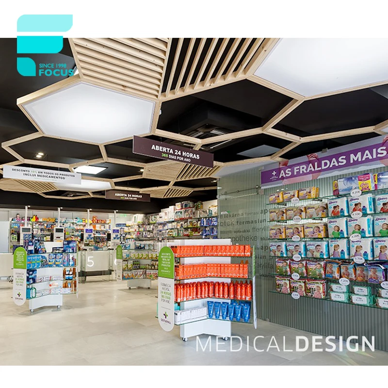 Customized-Wooden Tempered Glass Elegant Pharmacy Design Store Display Furniture Medical Shop Racks Drugstore Pharmacy