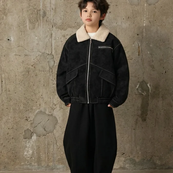 Boys Children's Thickened Fleece Leather Jacket Baby Teenager Winter Coat Warm Stylish Korean Style Kids' Outerwear 6