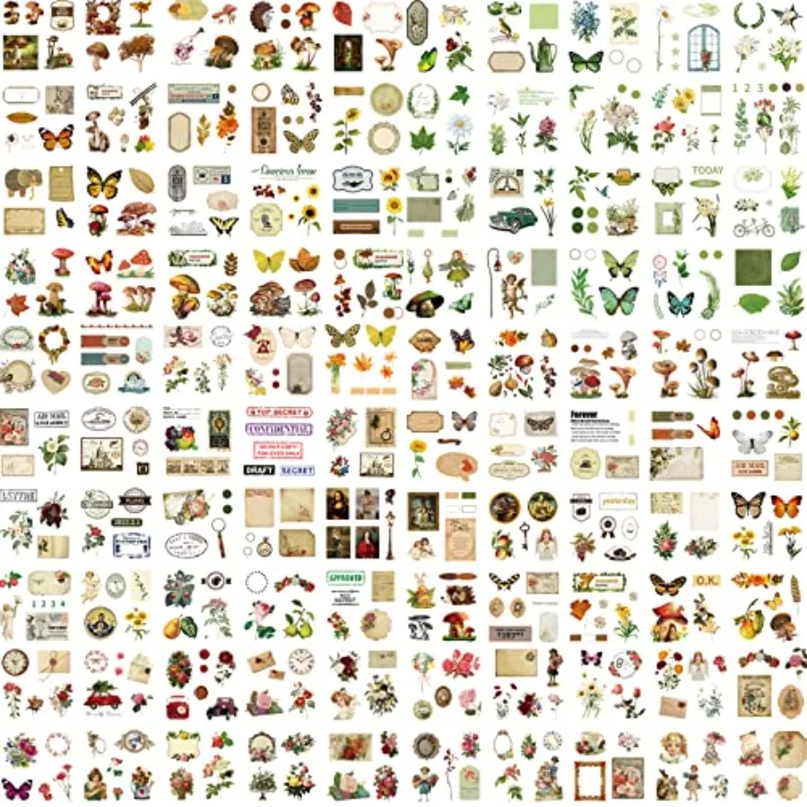 510PCS Plants Floral Scrapbook Stickers Kit Vintage Flowers Butterfly Mushroom Fall Maple Leaves Transparent Waterproof Sticker