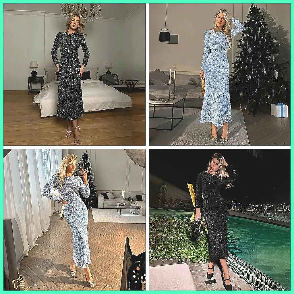 

Elegant Sequin Bodycon Midi Dress for Women, Long Sleeve Round Neck Party Evening Gown