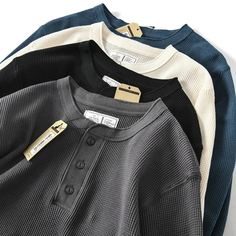 

Американская повседневная винтажная тяжелая футболка с воротником Генри 300 г, мужская футболка с длинными рукавами, рабочая одежда Amekaji, низ