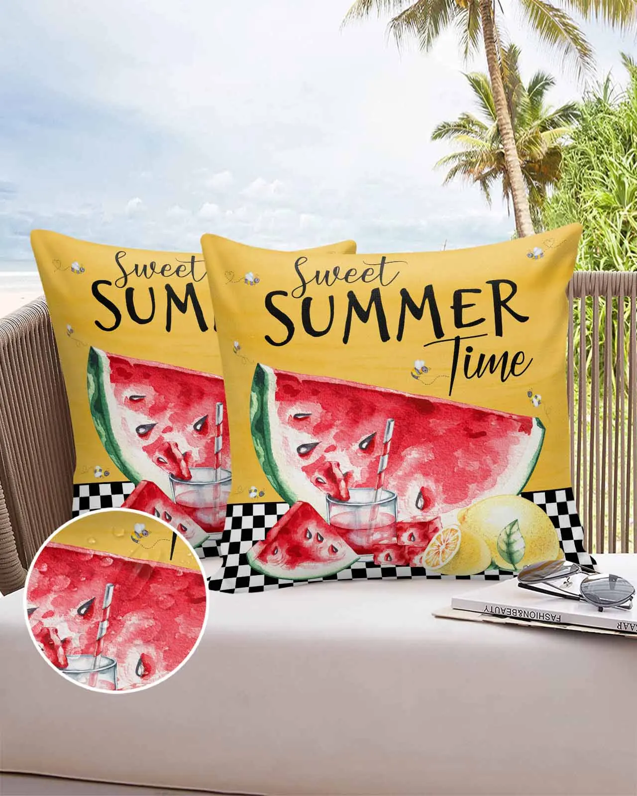 Summer Watermelon Flower Leaves Bee Grid Pattern 2/4PCS Outdoor Pillowcase Waterproof Sofa Pillow Cover Garden Cushion Covers